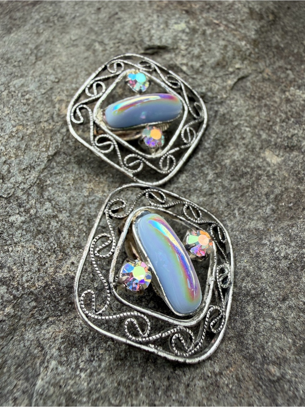 Vintage Blue Silver Filigree Clip On Earrings Opalescent Iridescent Ceramic